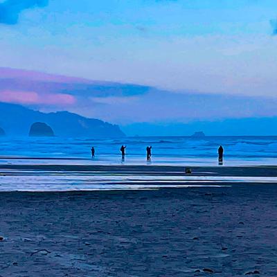 Figures on a beach at dusk