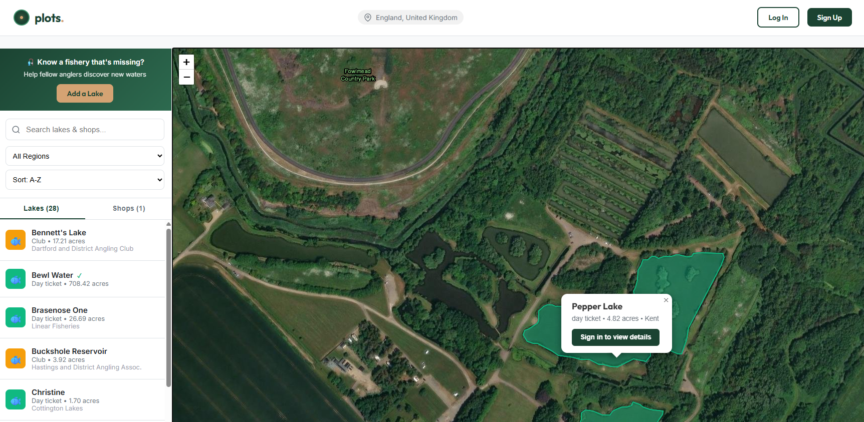 Plots explore page with interactive map and lake listings